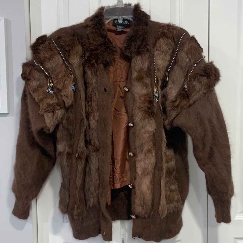 Angora Rabbit Fur Hair Vintage Genuine Embellished Rhinestone Jacket Size Large - Picture 1 of 14